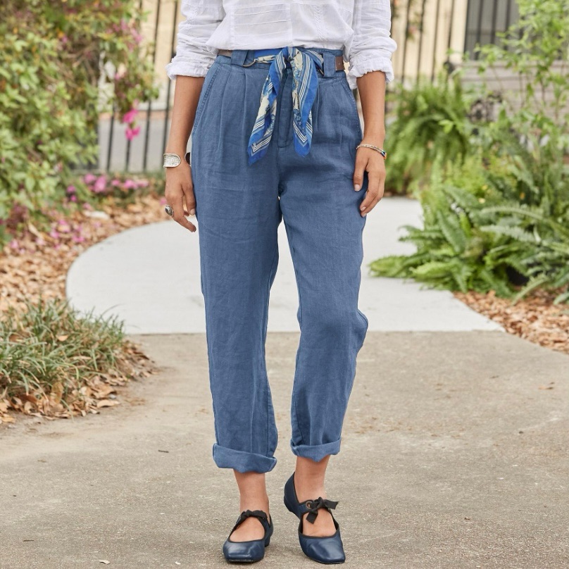 Sundance Adelaide 100% Linen Pleated Pants Size 4 Chambray Blue Straight Ankle